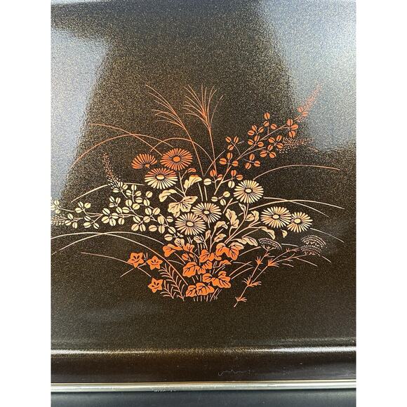 Vintage Brown And Black Lacquer Serving Tray Plastic Wrapped Handles Fall Decor - Picture 2 of 8